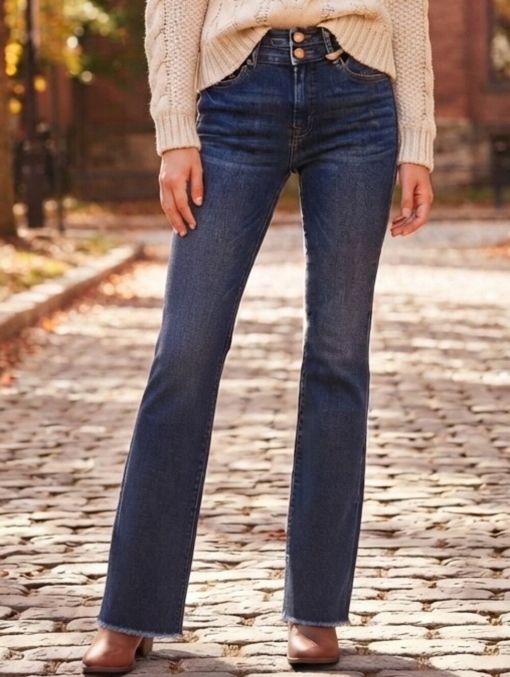 Risen Double Button High Rise Raw Hem Flare Jeans Mid Wash Size 27 Stretch
